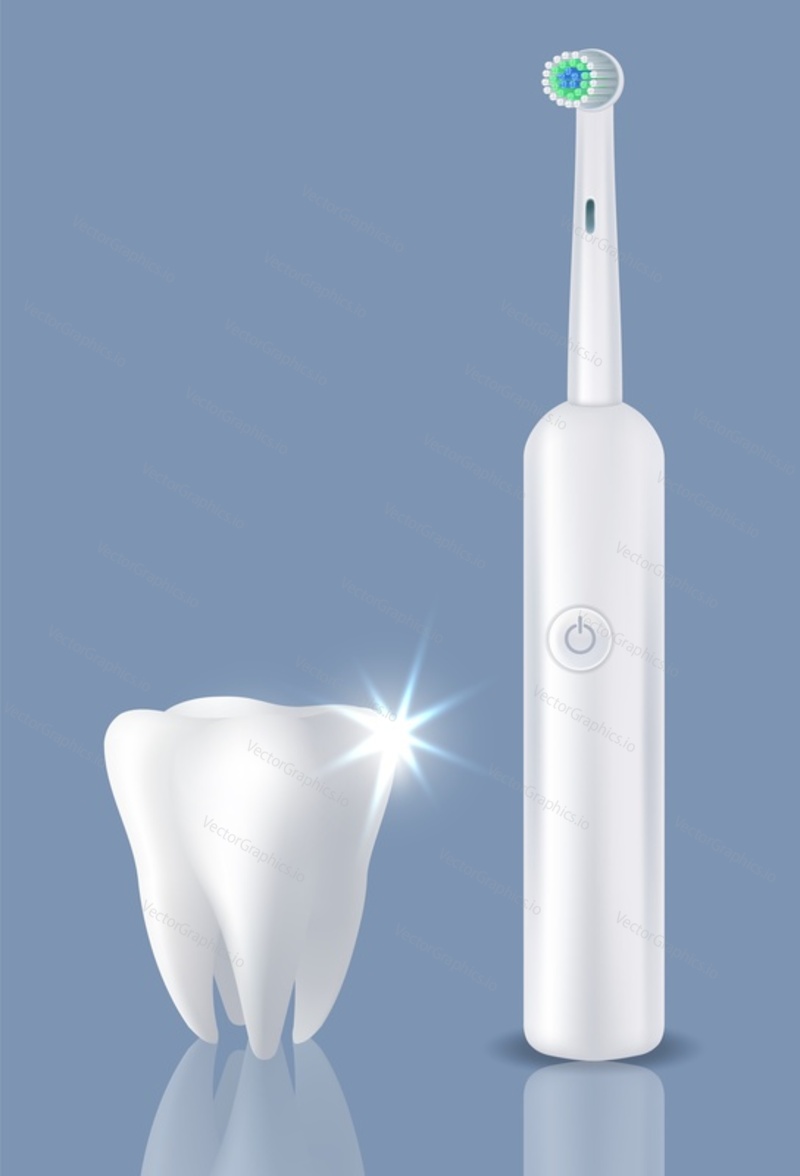 Shining glossy sparkling healthy tooth with snow-white enamel and toothbrush realistic vector illustration. Everyday dental care and hygiene, whitening procedure and teeth restoration