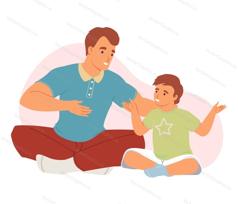 Father talking and playing with little boy son vector illustration. Parent and kid sitting on floor and having nice conversation isolated on white background. Happy family and parenthood concept