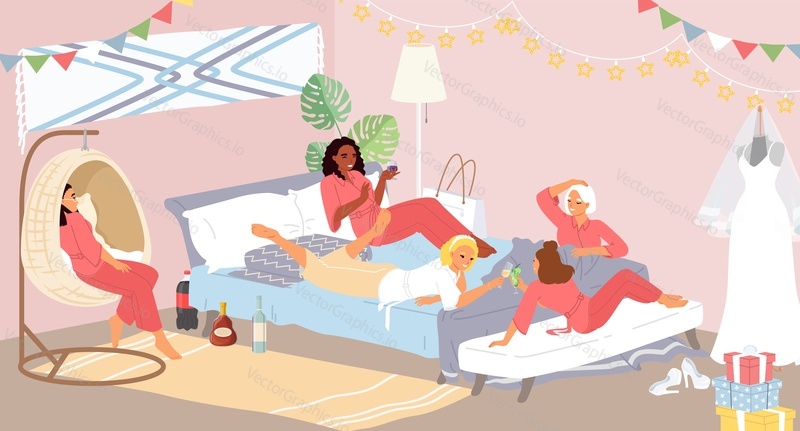 Young woman friends having fun, gossiping, drinking alcoholic beverages at home pajama party before marriage vector illustration. Room interior decorated with flag garland and bridal dress in corner