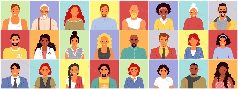 Different race, age and social range diverse multinational people square colorful avatar set. Happy smiling humans vector illustration. Student, sportsman, businesspeople, worker, doctor, children