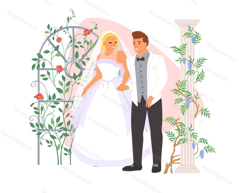 Groom and bride wearing ceremonial dress and suit standing at floral arch for memory vibes photoset vector illustration. Wedding ceremony, marriage party celebration concept