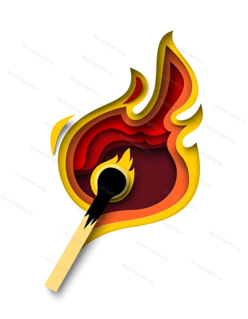 Burning wooden match vector illustration in papercut style. Danger symbol with flammable object isolated on white background. Wood matchstick as cause of dangerous fire catastrophe