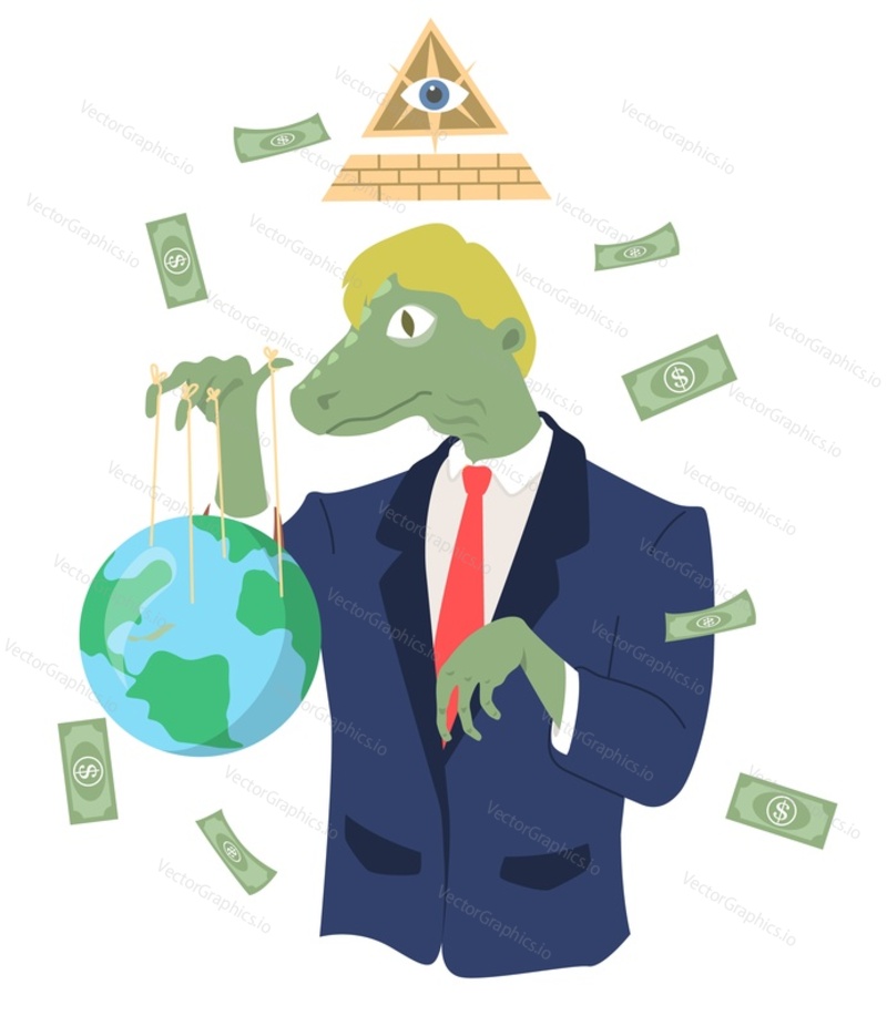 Conspiracy theory concept with businessman reptilian manipulator wearing formal suit holding earth planet hanged on puppet string standing under money cash rain and all-seeing eye vector illustration