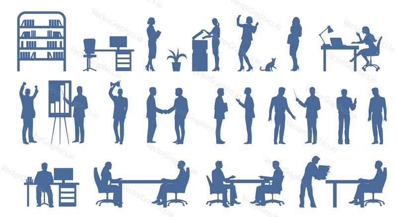 Изолированный набор деловых людей, работающих в офисе, выступающих с речью на конференции, ведущих переговоры, мозговой штурм, ищущих идею, векторная иллюстрация рукопожатия на белом фоне