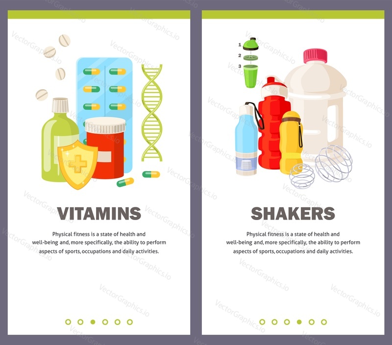 Vitamins and shakers concept for mobile application website banner template. Nutrition sportive supplement and accessories sale for everyday fitness workout, dieting and healthy lifestyle