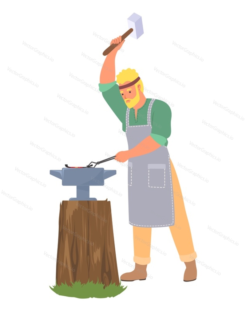 Male blacksmith master using sledgehammer striking at anvil vector illustration. Male worker forging at workplace isolated on white background