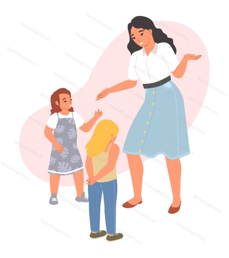 Концепция разговора с детьми. Плоская мультяшная женщина-учитель и маленькие дошкольники в споре, женщина разговаривает с детьми после ссоры векторная иллюстрация, изолированная на белом фоне