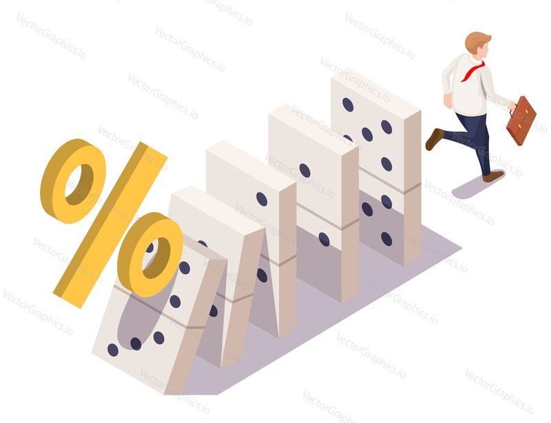 Bank rates vector illustration. Inflation percent impact on business, financial crisis concept. Percentage sign fall to cause domino collapse. Businessman with suitcase running away 3d isometric design