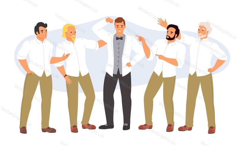 Bachelor party vector illustration with happy groom and friends dancing having fun. Discotheque, soiree, holiday celebration, evening farewell to single life concept