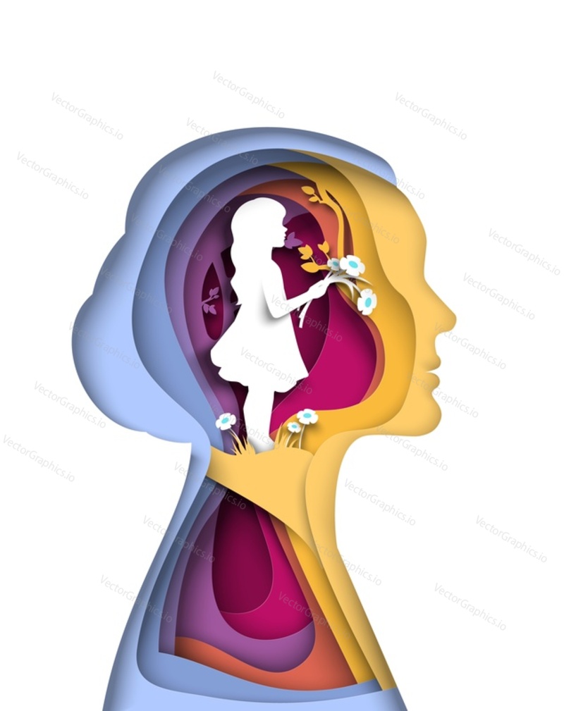 Маленькая девочка внутри головы женщины, вырезанная из бумаги векторная иллюстрация. Психология, внутренний ребенок, индивидуальность человека и концепция исцеления памяти о детстве