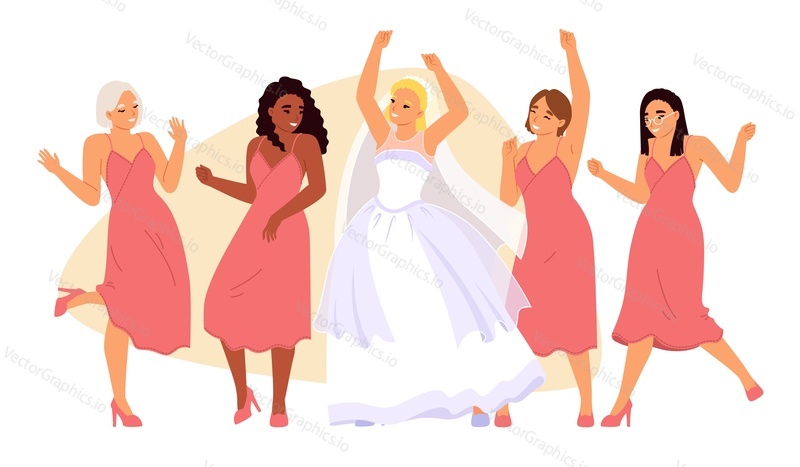 Сцена празднования девичника. Невеста в свадебном платье и группа подружек танцуют под музыку, развлекаясь векторной иллюстрацией. Концепция подготовки к церемонии бракосочетания