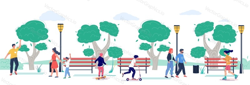 Natural urban public park visitors walking, meeting, riding eco-friendly transport vector illustration. Young man and woman, children, loving couple spending time outdoors