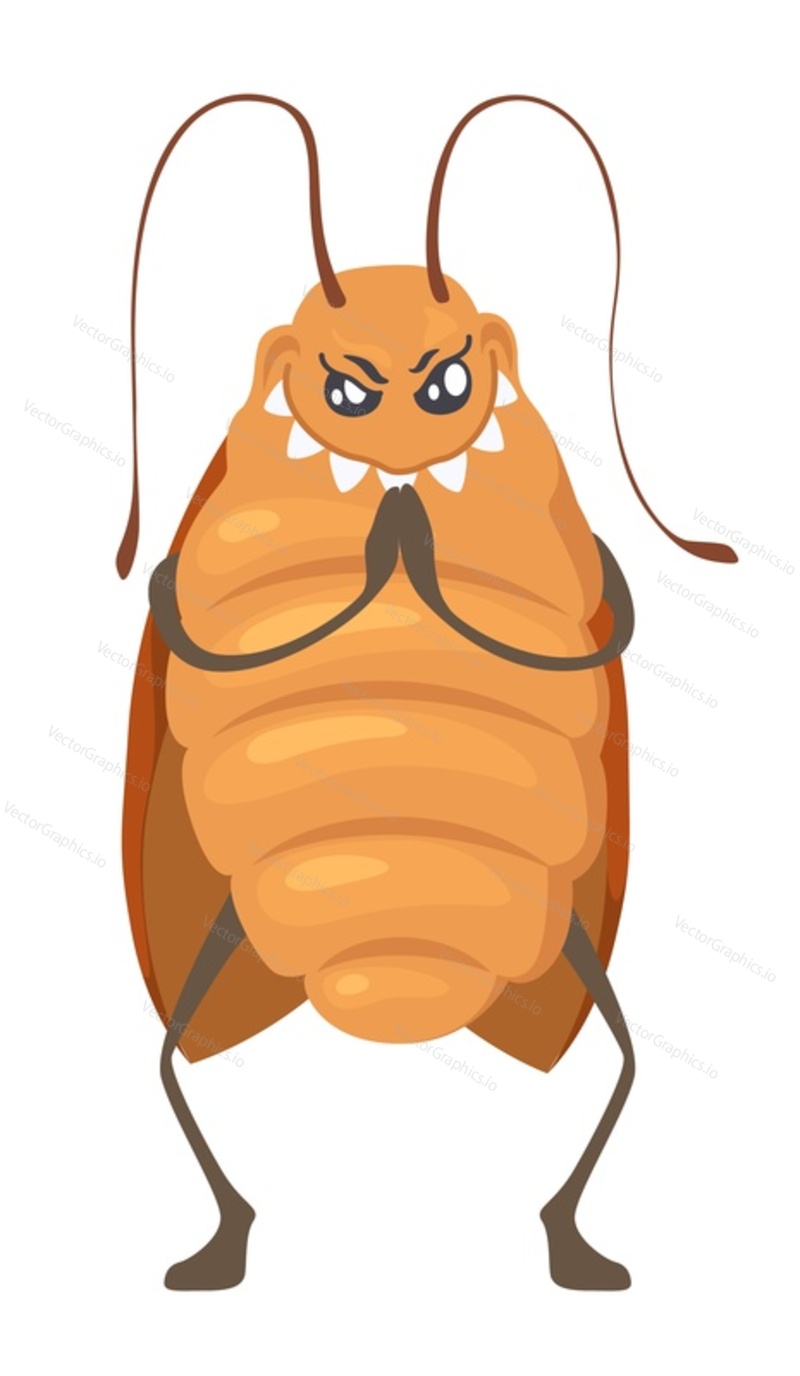 Cockroach mascot rubbing paws rudely vector illustration. Bad pest funny character isolated on white background. Kawai insect vermin emotion and expression concept
