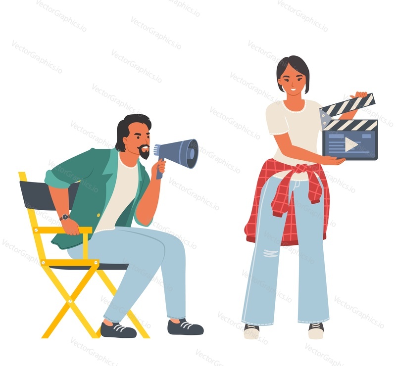 Film director and assistant engaged in cinema production vector illustration. Male producer shouting in megaphone, female helpmate holding clapping board