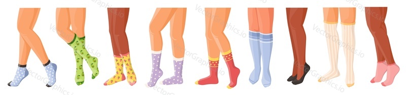 Набор изолированных женских ножек в носках с различными классными принтами и векторной иллюстрацией длины. Стильное нижнее белье, модные аксессуары, модная обувь с забавным рисунком