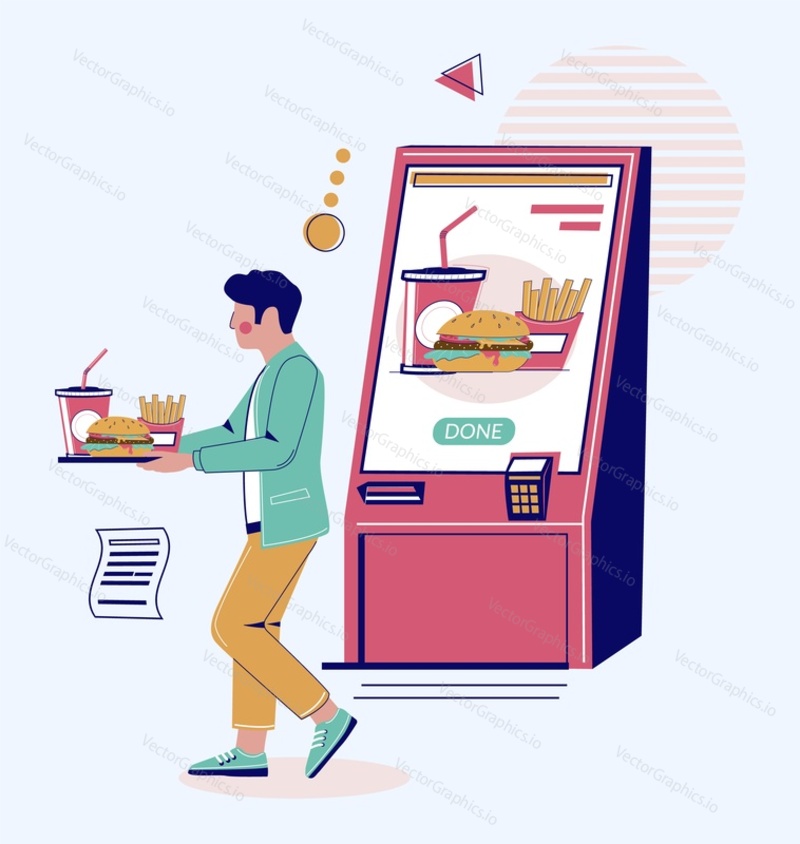 Man using self ordering food and drink service vector illustration. Digital fastfood cafe, interactive device screen modern technology