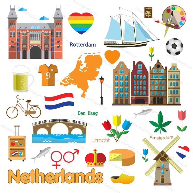 Netherlands symbolics and holland travel icons isolated set. Vector illustration of amsterdam architecture building, famous tourists landmarks, map, traditional food and national flag