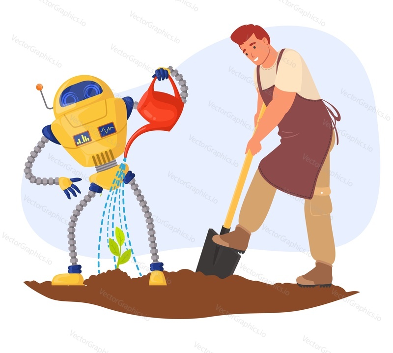AI Robot helping man farmer in planting process in garden vector illustration. Automated farm life, innovative future technologies and smart farming concept