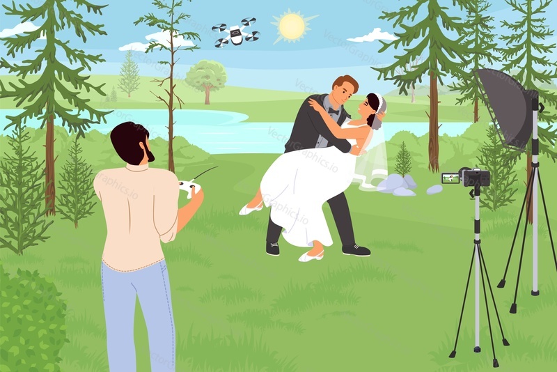 Wedding photo shoot with smart modern technology equipment concept. Man photographer taking picture of bride and groom in forest using remote controlling drone with camera vector illustration