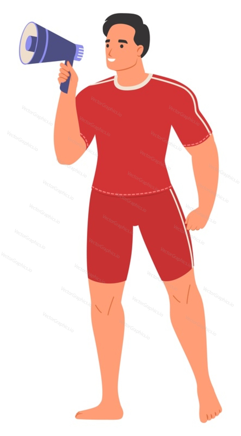 Мужчина-пляжный спасатель в красном купальнике, говорящий в мегафон векторная иллюстрация. Спасатель мужского пола, говорящий через громкоговоритель, стоящий изолированно на белом фоне