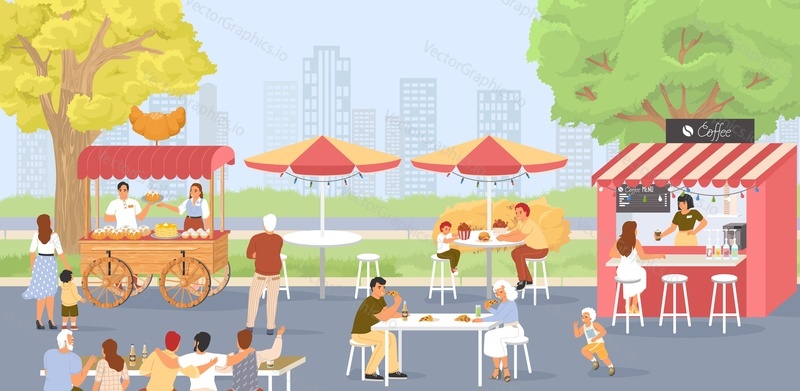 Векторная сцена фестиваля уличной еды со счастливыми едящими людьми на ярмарке. Пейзаж летнего парка с различными местными рынками с закусками и напитками с иллюстрацией персонажей клиентов