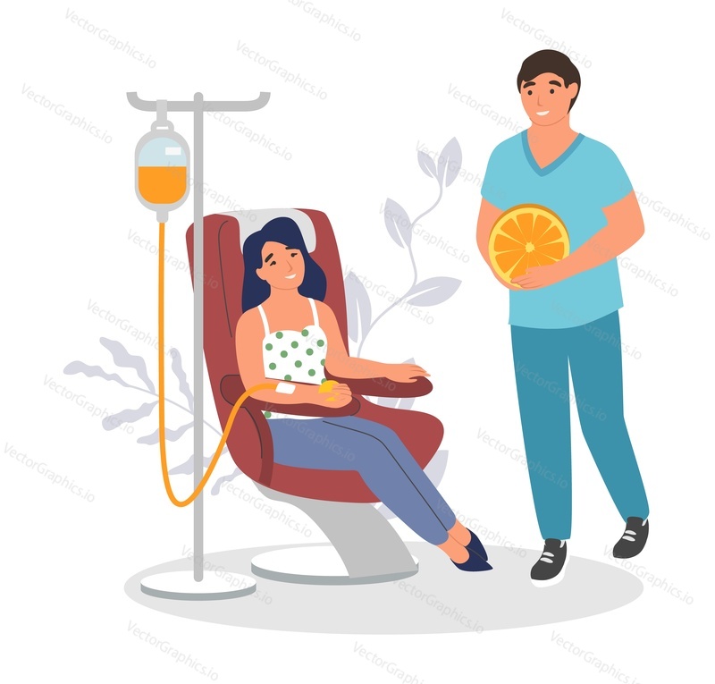 Молодая счастливая пациентка-женщина, получающая внутривенную инъекцию апельсинового витамина в векторной иллюстрации клиники. Женщина, сидящая в кресле, и врач, приносящий новую порцию добавки. Концепция медицины и красоты