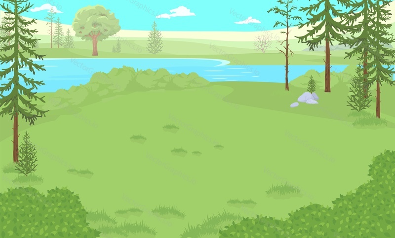 Summer forest glade landscape with lake, green trees and lash glass on shore. Vector cartoon illustration of nature panorama with river and fir spruce on background