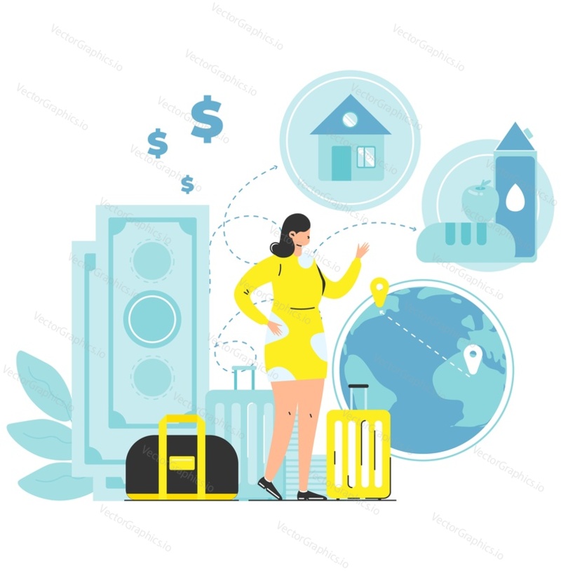 Woman traveler character with suitcase bag choosing relocation destination. Immigration scene vector illustration. Planet with geolocation pins, money cash, place of destination and new home