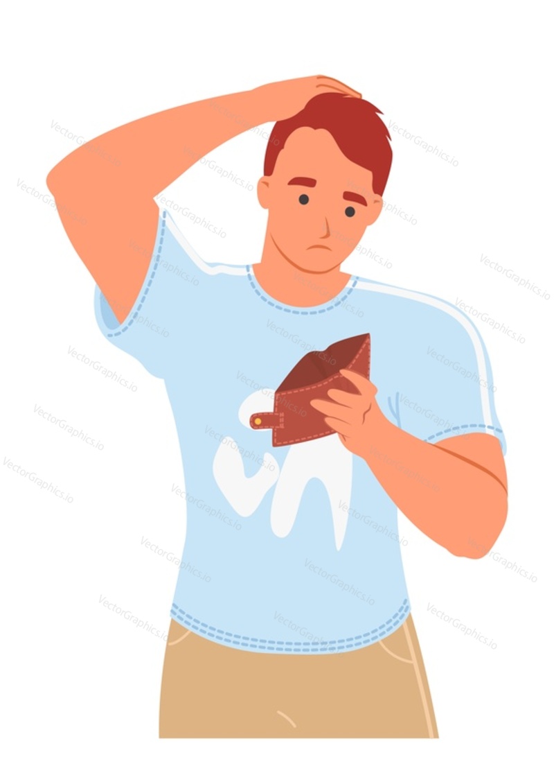 Portrait of thoughtful man holding empty wallet scratching head isolated on white background. Pensive jobless male character having no money. Bankruptcy and financial crisis concept