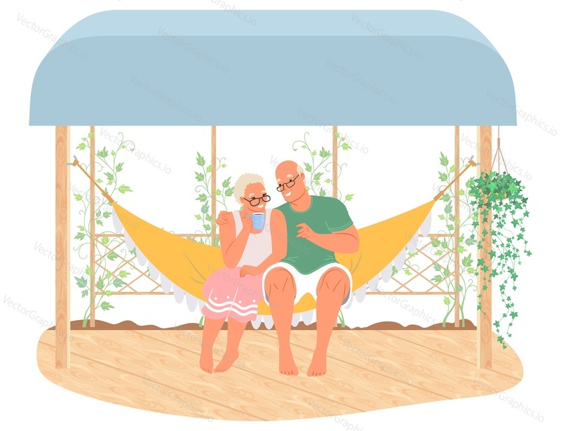 Elderly couple in hammock on backyard vector. Old man and woman family drinking tea and talking together while rest on weekend illustration. Happy retirement concept