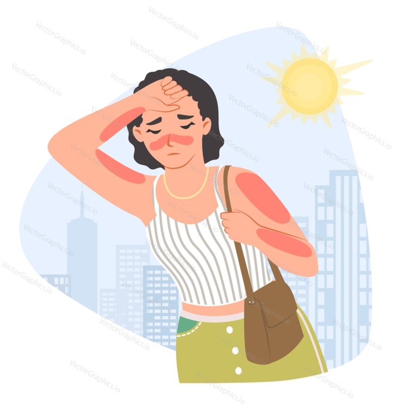 Измученная жаждой молодая женщина загорает во время прогулки по городской улице в жаркую летнюю погоду. Плоская мультяшная векторная иллюстрация. Девушка, страдающая от ультрафиолетовых лучей солнца и имеющая поврежденную кожу