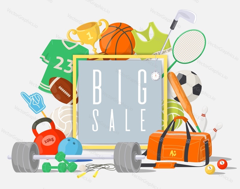 Big sale on sport goods, fitness equipment and gaming items poster template vector illustration design. Online shopping for cross fit training, championship tournament and sportive activity