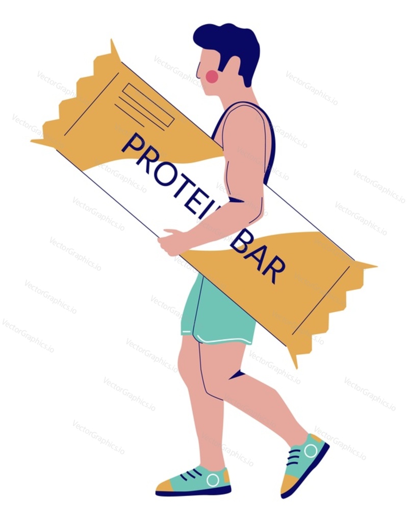Young sportsman with perfect body walking with protein bar in hand vector illustration isolated on white background. Sports nutrition and supplements for bodybuilding and healthcare concept