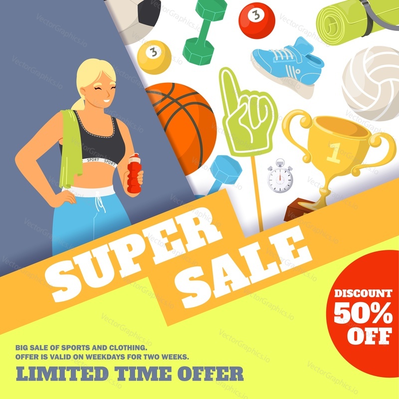 Super sale banner with limited time over of 50 percent discount on sport goods advertising banner, promotion material vector illustration. Sportive supplements, fitness item and equipment shopping