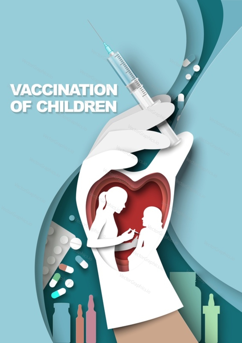 Vaccination of children for immunity health vector poster. Healthcare, medical treatment, prevention immunization and pediatrics illustration with doctor in glove holding syringe