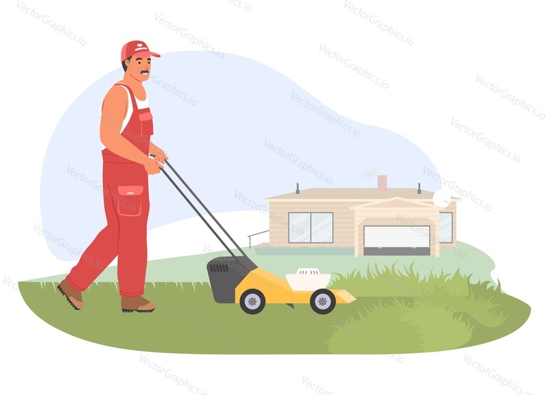 Man farmer worker character mowing grass with lawn mower vector illustration. Male farmer in overalls working on farmland trimming meadow in garden