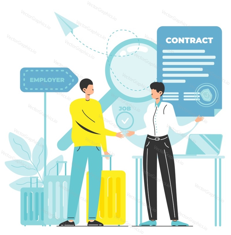 Work visa and job contract for foreign country legal immigration scene. Vector illustration of man employee and customs officer at checkpoint gate vector illustration