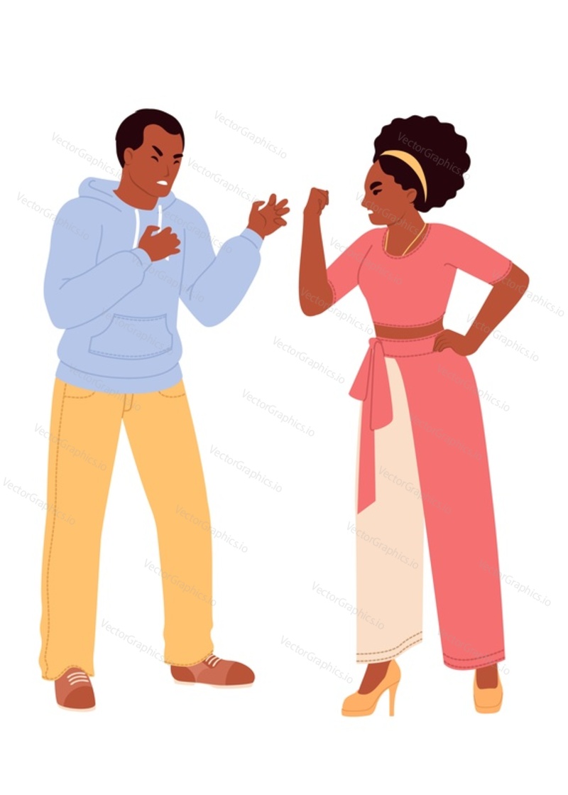 Векторная иллюстрация семейного конфликта. Плоский мультфильм сердитые жена и муж ссорятся, стоя изолированно на белом фоне. Молодая супружеская пара испытывает агрессивные эмоции, испытывая проблемы в отношениях