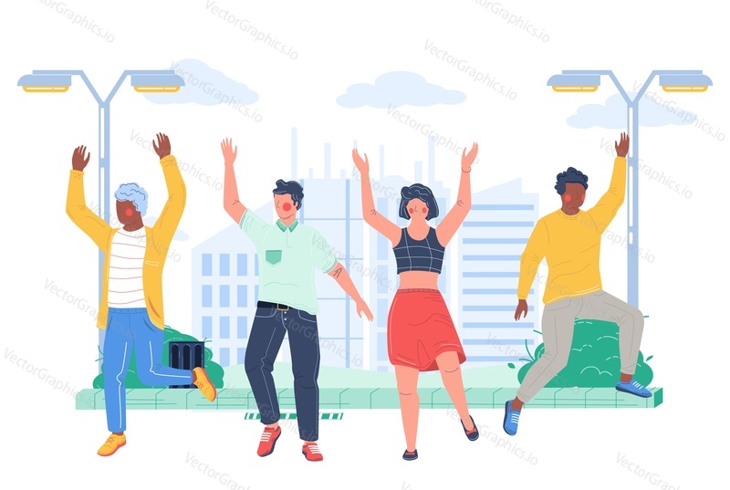 Happy positive people on street over cityscape background vector illustration. Young multiethnic man and woman rejoicing jumping with happiness celebrating something