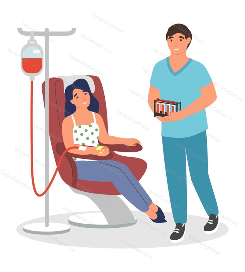 Health care day, medicine and charity concept Woman blood donor giving donation in hospital and doctor carrying test tubes with examples vector illustration