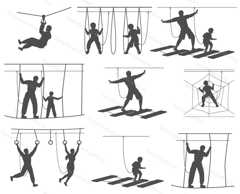 Active people characters at rope park entertainment balck-and-white silhouette isolated set. Children, parent and kids, adult couple, little friends having fun attraction outdoor adventure vector illustration