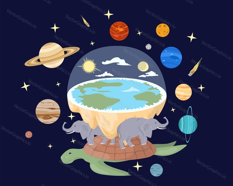 Ancient solar system with huge turtle, elephants holding planet Earth surrounded other space object vector illustration. Old vision, alternative theory of universe