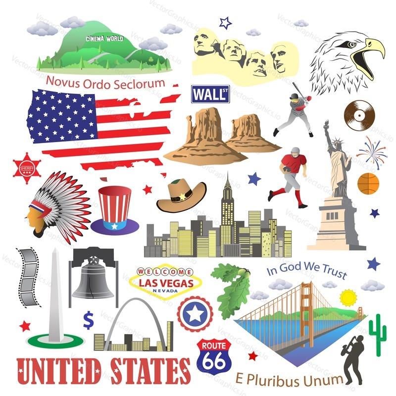 United states of America landmark icons and travel symbols isolated set on white background. Traditional sport, food, music, famous city attraction sightseeing vector illustration