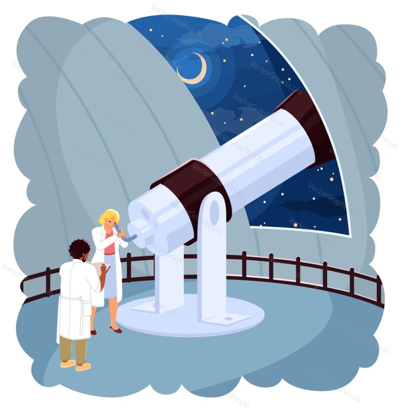 Scientists looking on starry night sky through telescope in observatory vector illustration. Astronomers observing constellations. Astrophysicist studying astronomical bodies and galaxies