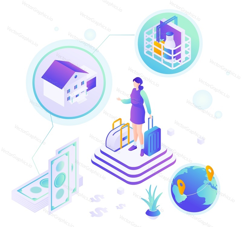 Immigration scene with woman travelling abroad for new life. Vector illustration of female character searching place of destination, home, job occupation for money earning