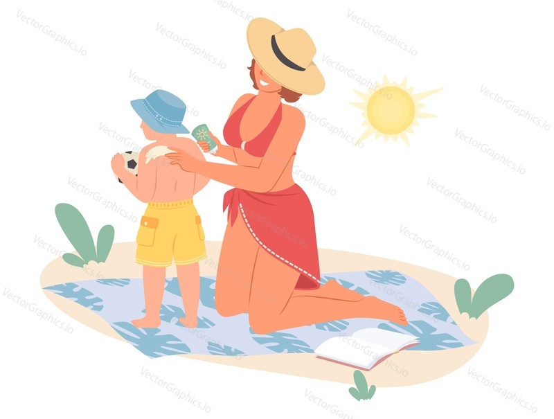 Мать наносит солнцезащитный крем на векторную иллюстрацию кожи сына. Мама и маленький ребенок отдыхают на пляже, загорая под жарким солнцем летом. Праздничный отпуск на морском побережье