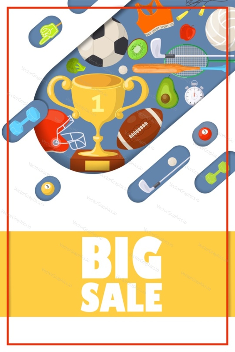 Big sale poster for online shop offering sports goods items and fitness accessories with discount and price clearance. Sell out banner vector illustration for website and social media