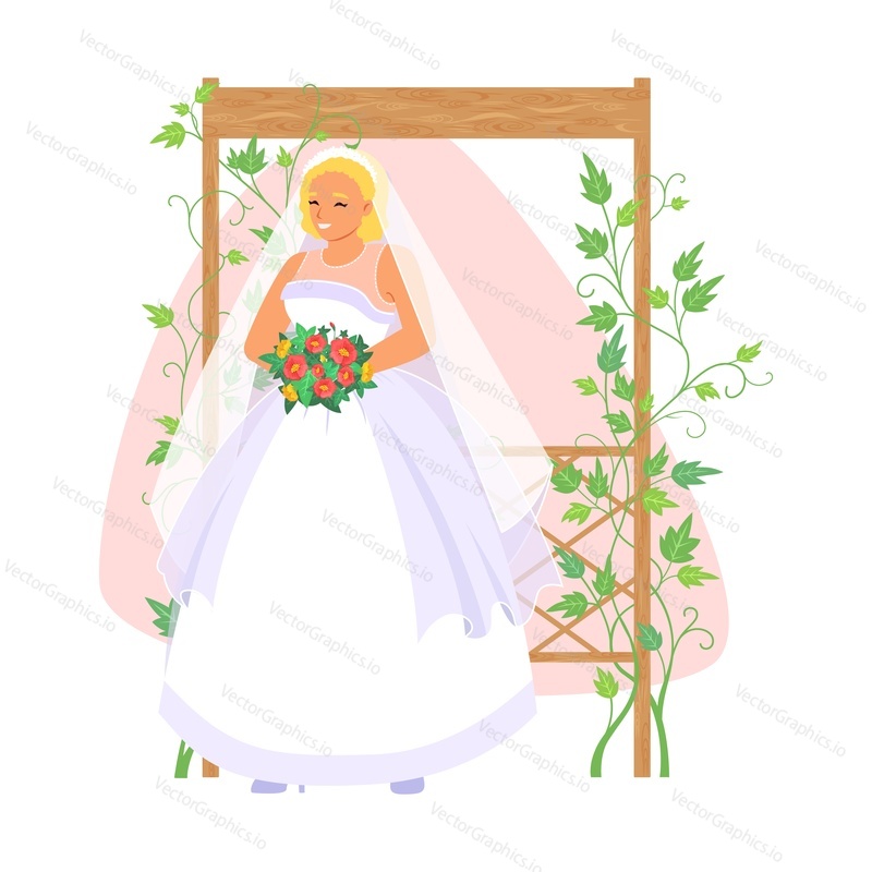 Beautiful bride at floral arch enjoying wedding ceremony photoset vector illustration. Elegant garden marriage party event celebration