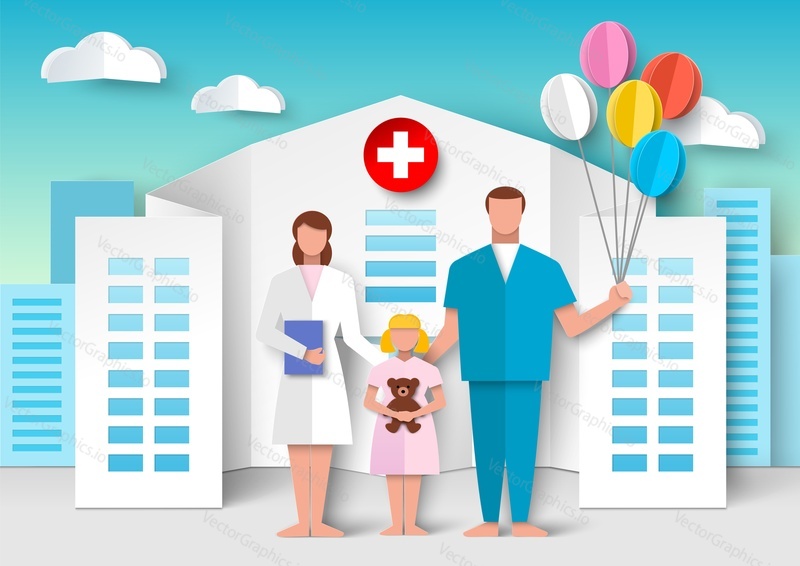 Векторная иллюстрация отделения педиатрической клиники. Медицинский плакат с врачом-педиатром, медсестрой и счастливым ребенком над зданием больницы на заднем плане в стиле вырезанного из бумаги ремесла