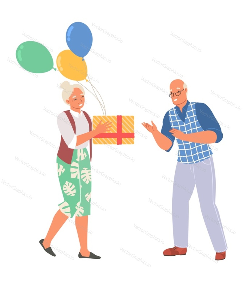 Пожилая женщина дарит романтическую подарочную коробку с воздушными шарами для векторной иллюстрации пожилого мужчины. Счастливая любящая пожилая пара празднует день рождения или годовщину, изолированную на белом фоне